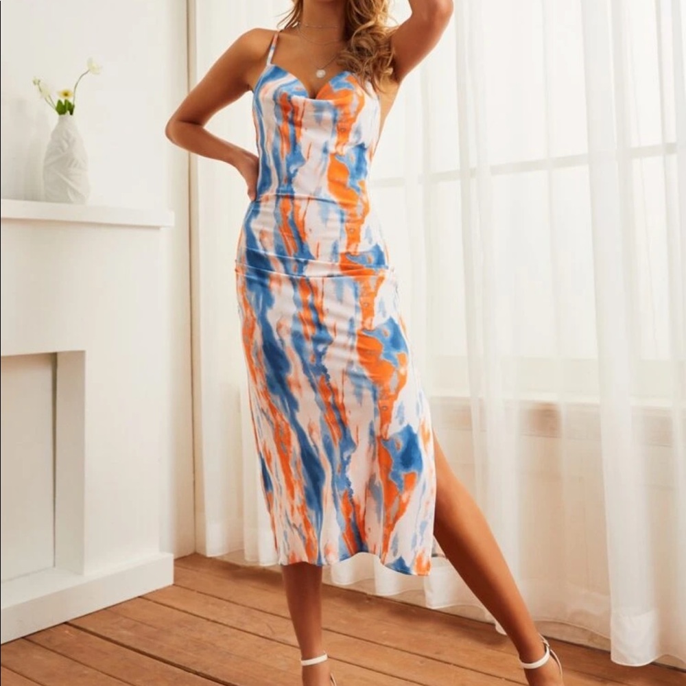 NWT Tie dye orange and blue cocktail midi dress